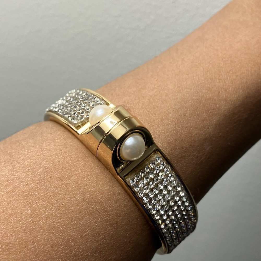 Sparkle and Bling Cubic Zirconia Goldtone and Simulated Pearl Bracelet Cuff New